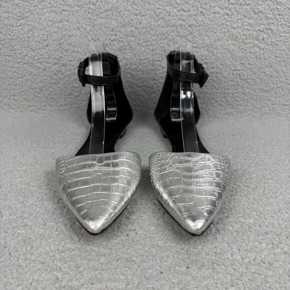 Rebecca Minkoff Flats Womens 10 Shoes Silver Black Crocodile Print Strap Sandals - Picture 4 of 11